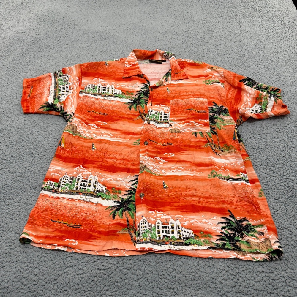 Monzini Collection Shirt Mens Medium Orange Tropical Sunset Rayon Hawaiian Italy